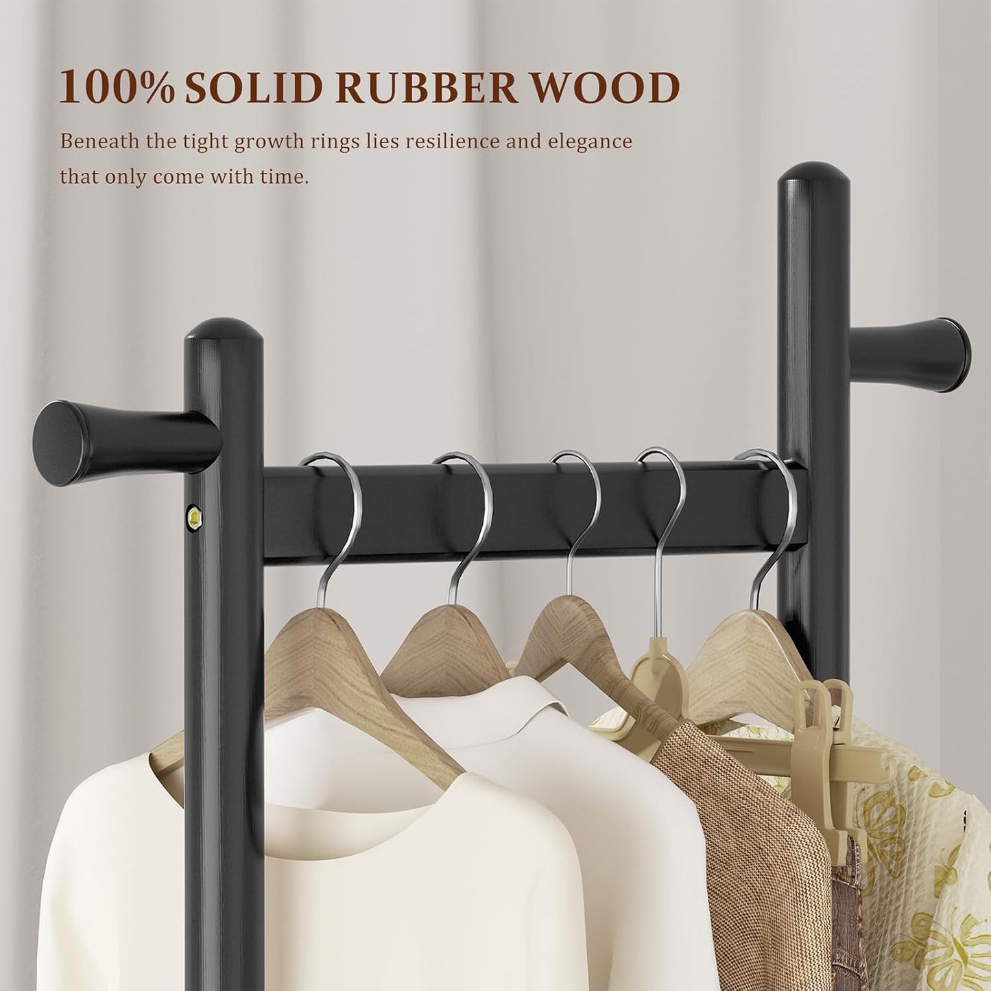 Coat Rack Freestanding Clothing Rack with Wheels & 2 Shelves Storage & 5 Hooks Heavy Duty Clothes Rack Wood Coat Tree Stand Hat Hanger Rack for Corner Bedroom Entryway Living Room Hotel