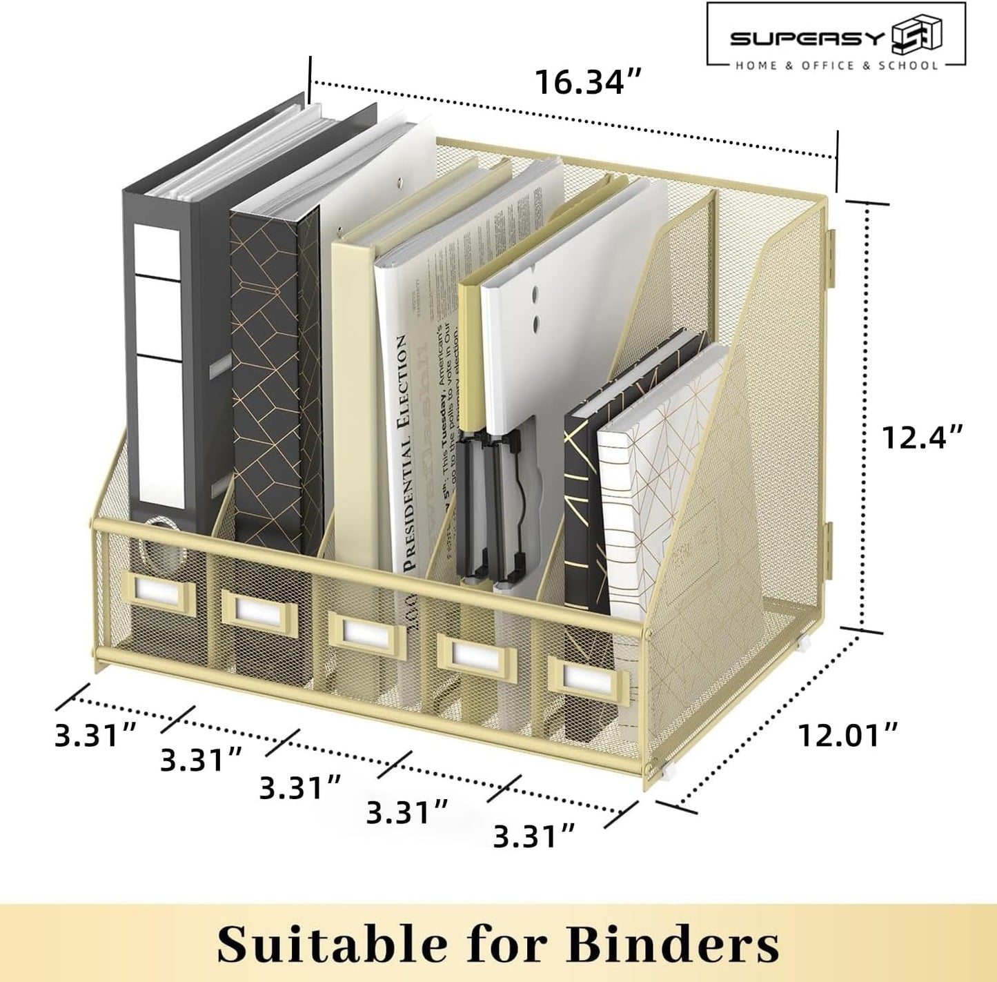 SUPEASY Desk Organizers Metal Desk Magazine File Holder with 5 Vertical Compartments Rack File Organizer for Office Desktop, Home Workspace, Golden Yellow, Plus