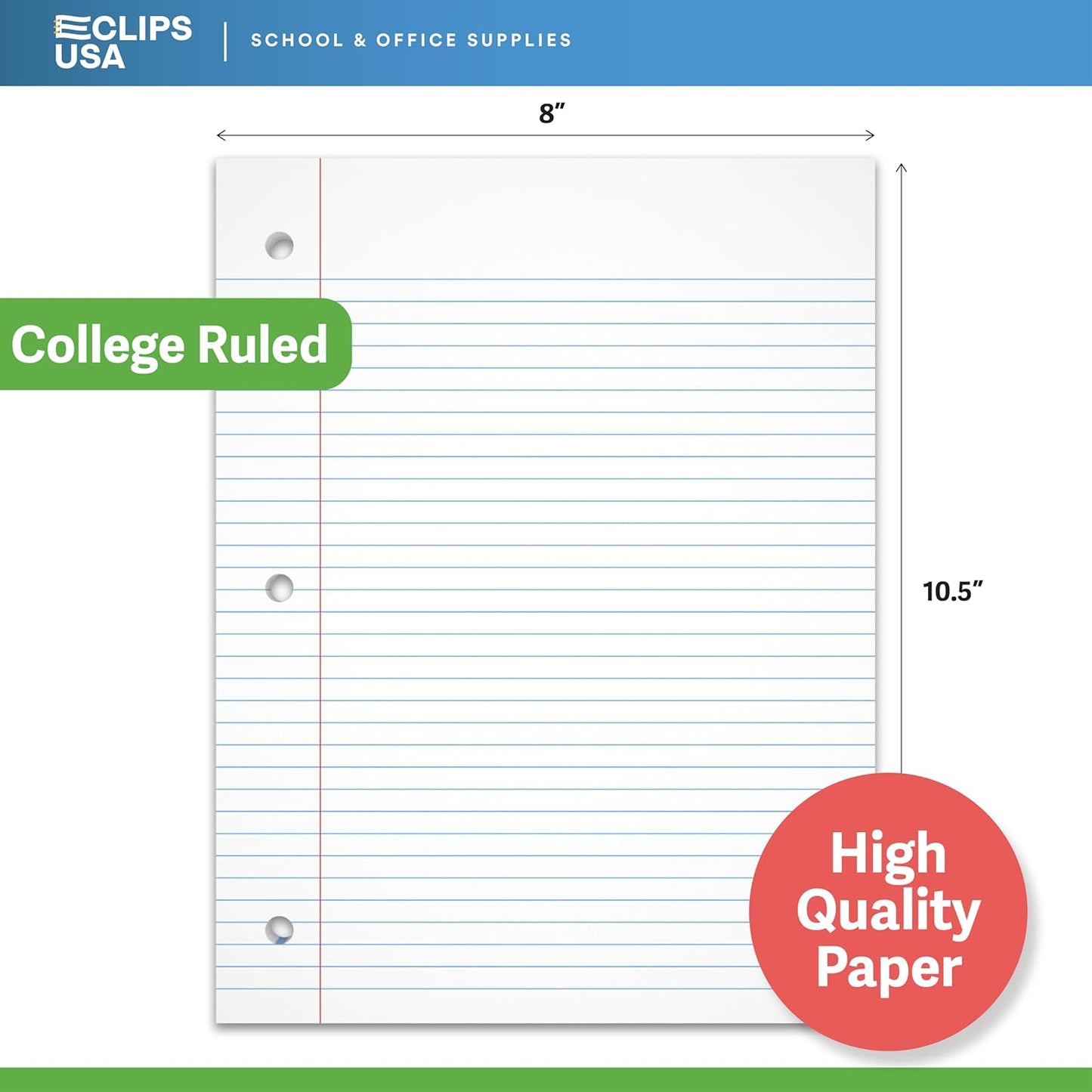 Notebook Paper, College Ruled Loose Leaf Paper (12 Pack), Filler Paper, 10.5” x 8”, Filler Paper, 200 Sheets Per Pack, 60 gsm (12 Pack)