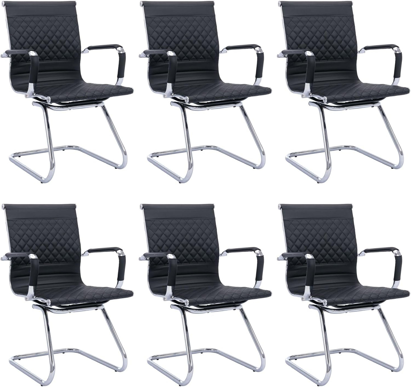 Office Guest & Reception Chairs - Set of 6 Mid-Back Modern PU Leather Desk Chairs, Black