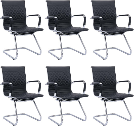 Office Guest & Reception Chairs - Set of 6 Mid-Back Modern PU Leather Desk Chairs, Black