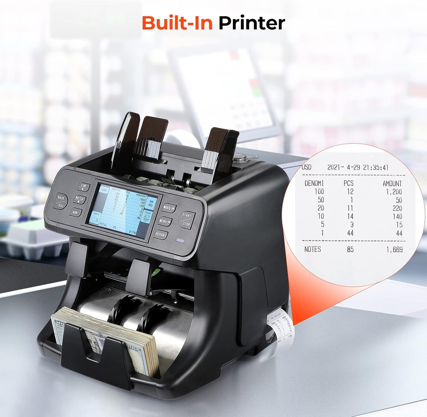MUNBYN 2-Pocket Money Counter Machine Mixed Denomination, Money Sorter, Built-in Printer, Sort on DENOM/FACE/ORI, Value Counting, 2 CIS/UV/MG/IR Counterfeit Detection, Touch Screen, 2Y Protection