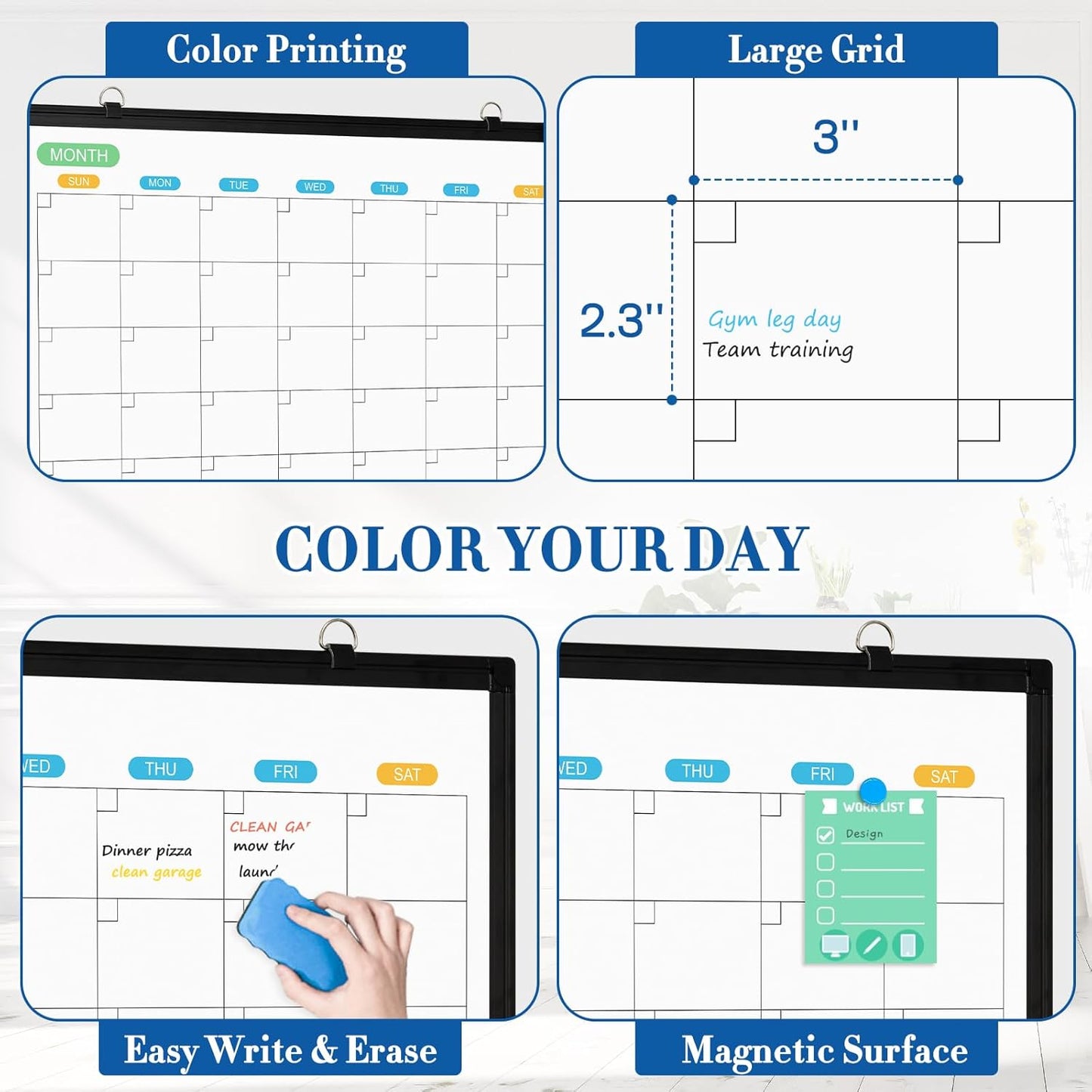 WALGLASS Dry Erase Calendar Whiteboard for Wall, 24" x 18" Double-Sided Monthly Calendar White Board with Black Aluminum Frame, Hanging or Wall Mount Dry Erase Whiteboard for Home, Office, School