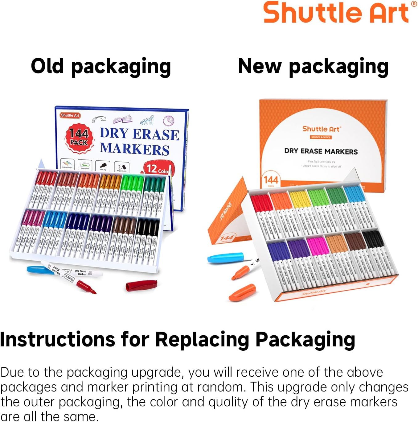 Shuttle Art Dry Erase Markers, 12 Colors 144 Bulk Pack Whiteboard Markers, Fine Point Dry Erase Markers Perfect for Writing on Dry Erase Whiteboard Mirror Glass for School Office Home