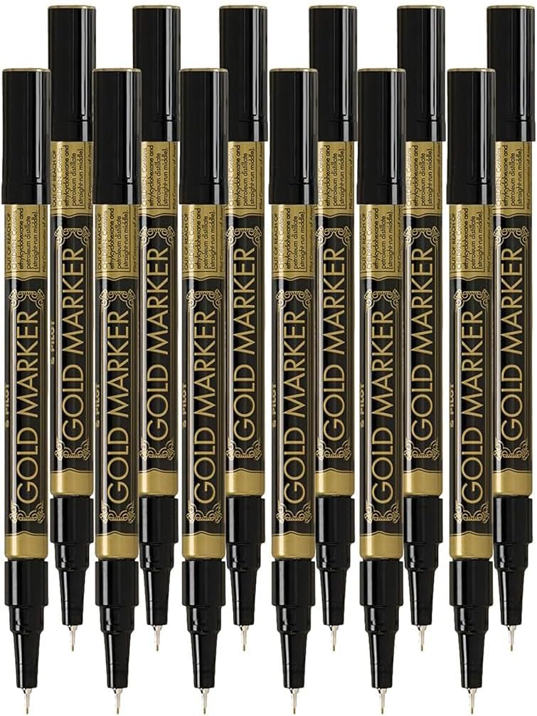 Metallic Permanent Paint Markers, Gold, Extra Fine Point (0.5mm), 12 Count, Bundle with Plastic Reusable Pouch