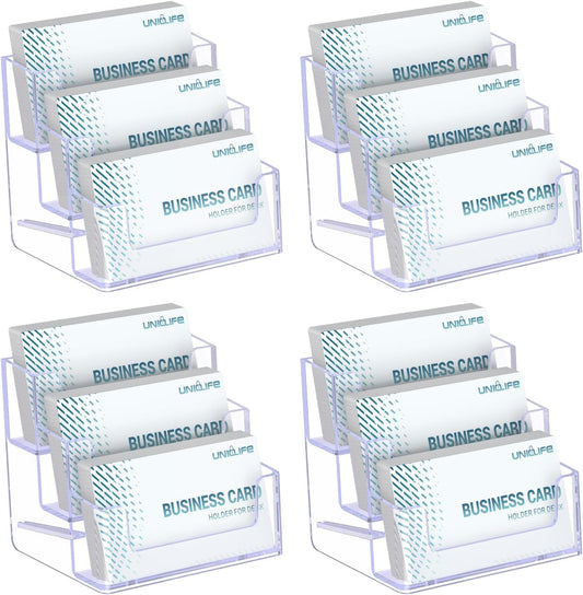 Uniclife 4 Pack Acrylic Business Card Holder for Desk 3 Slots Clear Business Card Display Stand for Men & Women Desktop Business Card Organizer Card Stand for Office Home Exhibition, 180 Card Capacity