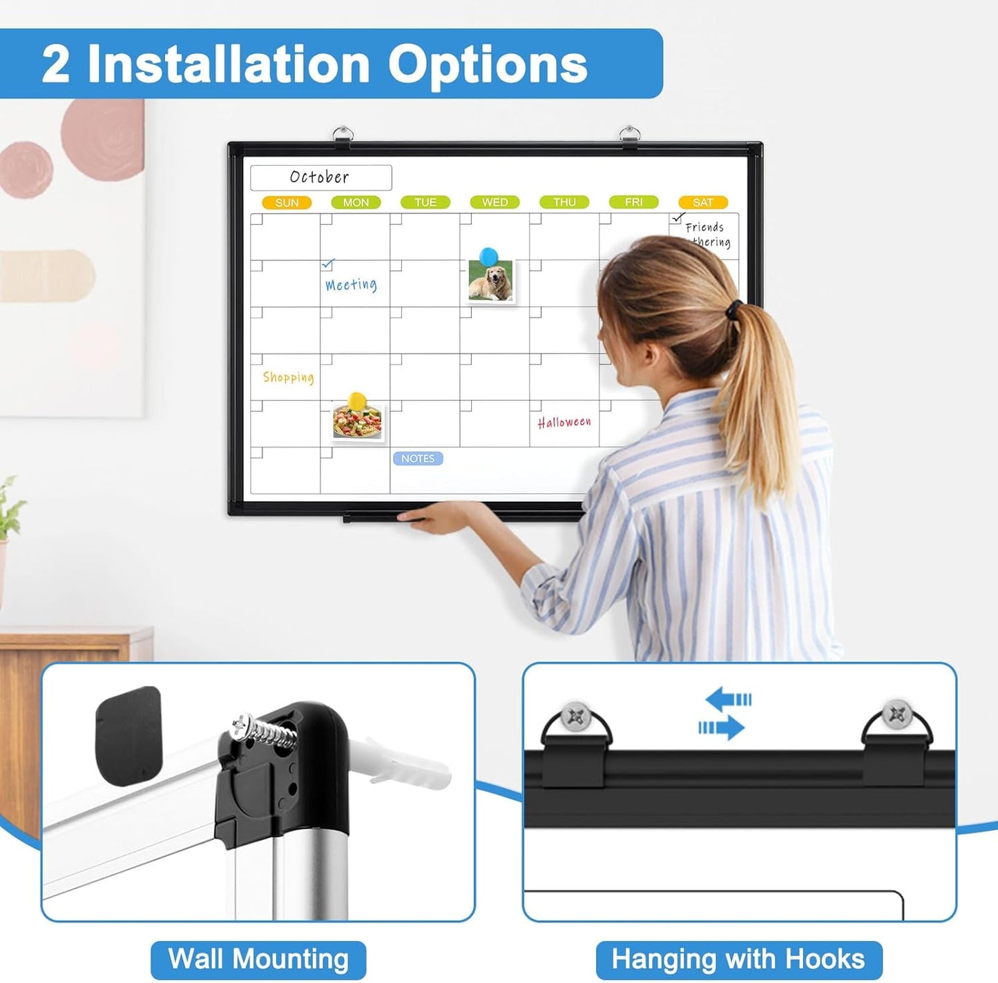 Dry Erase Calendar Whiteboard for Wall, WALGLASS 24" x 18" Magnetic White Board, Monthly Dry Erase Calendar with Black Aluminum Frame, Double-Sided Hanging Portable Board for Office, Home, School