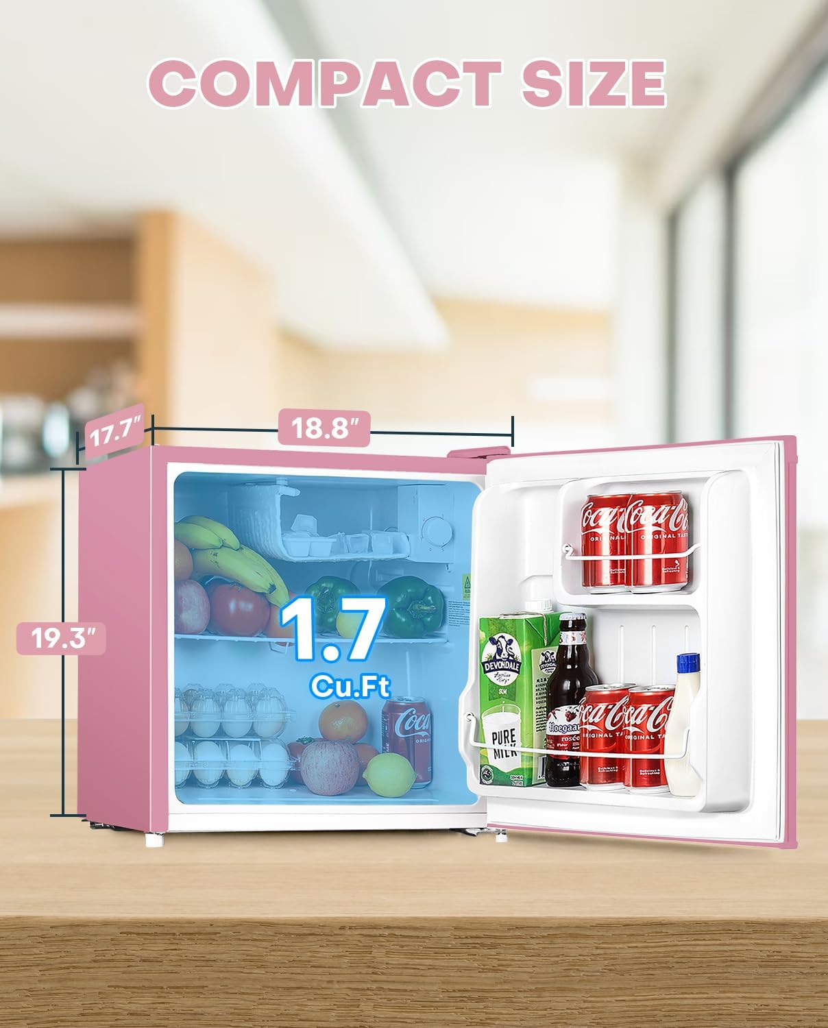 Upstreman 1.7 Cu.ft Mini Fridge with Freezer, Dorm Essentials, Adjustable Thermostat, Energy Saving, Low Noise, Single Door Compact Refrigerator for Dorm, Office, Bedroom, Pink-FR17