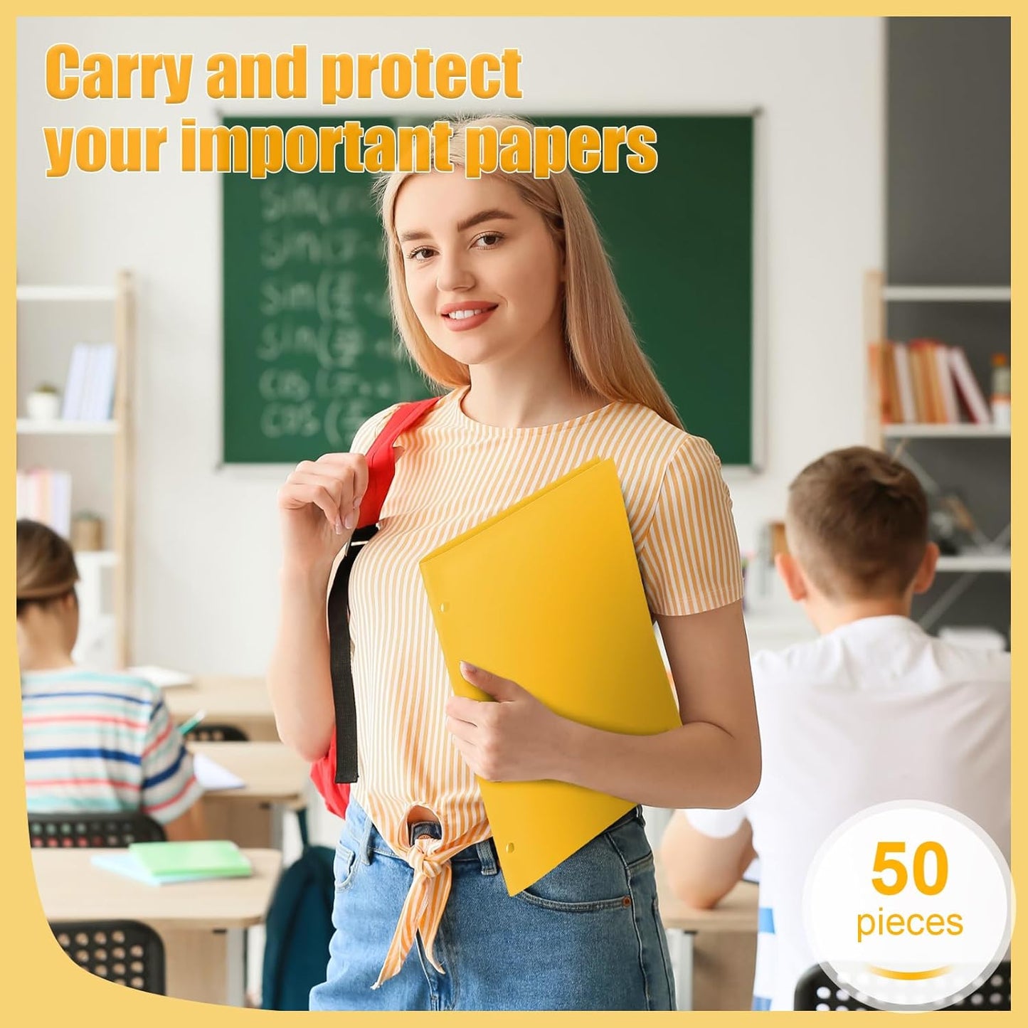 Yeaqee 50 Pcs Plastic Folders with Pockets Bulk 3 Hole Punched 2 Pocket File Folders for 3 Ring Binder Divider Folder for Notebooks, Durable Poly for Office Home (Yellow)