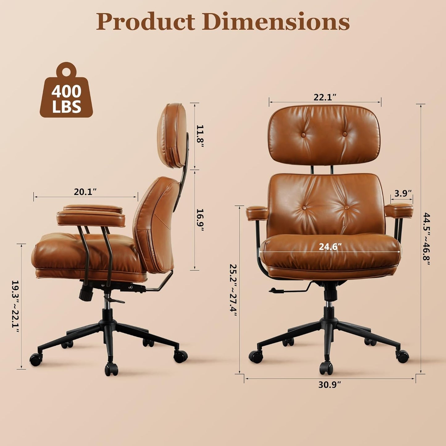 Mid Century Modren Big and Tall Office Chair,Large Ergonomic Executive Chair for Heavy Duty People, Computer Desk Task Chair with Wheels, Faux Lether Fabric Wide Chair for Home Sturdy,Brown(PU)