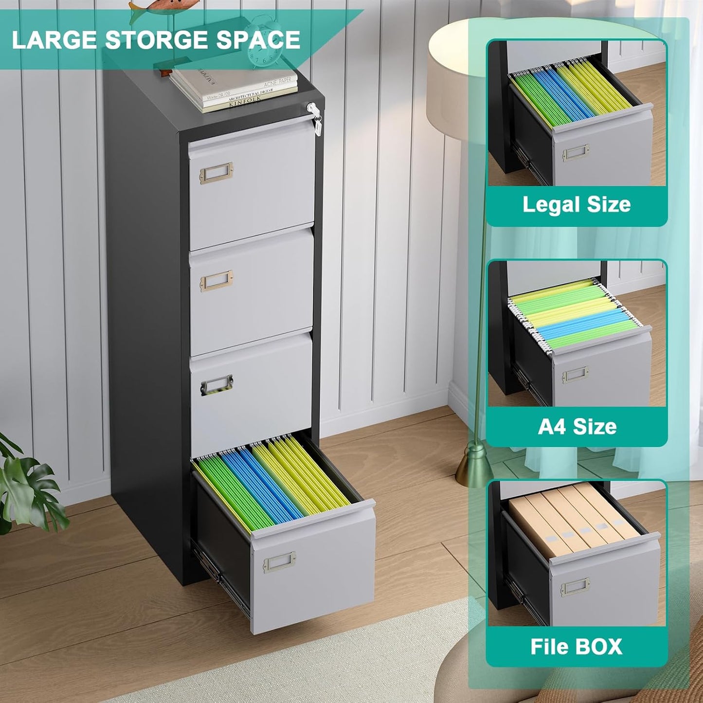 SISESOL 4 Drawer Vertical File Cabinet with Lock,Steel Filing Cabinet, Metal Filing Cabinets for Home Office Organizer Storage Cabinets Letter Size/A4/Legal,-Assembly Required