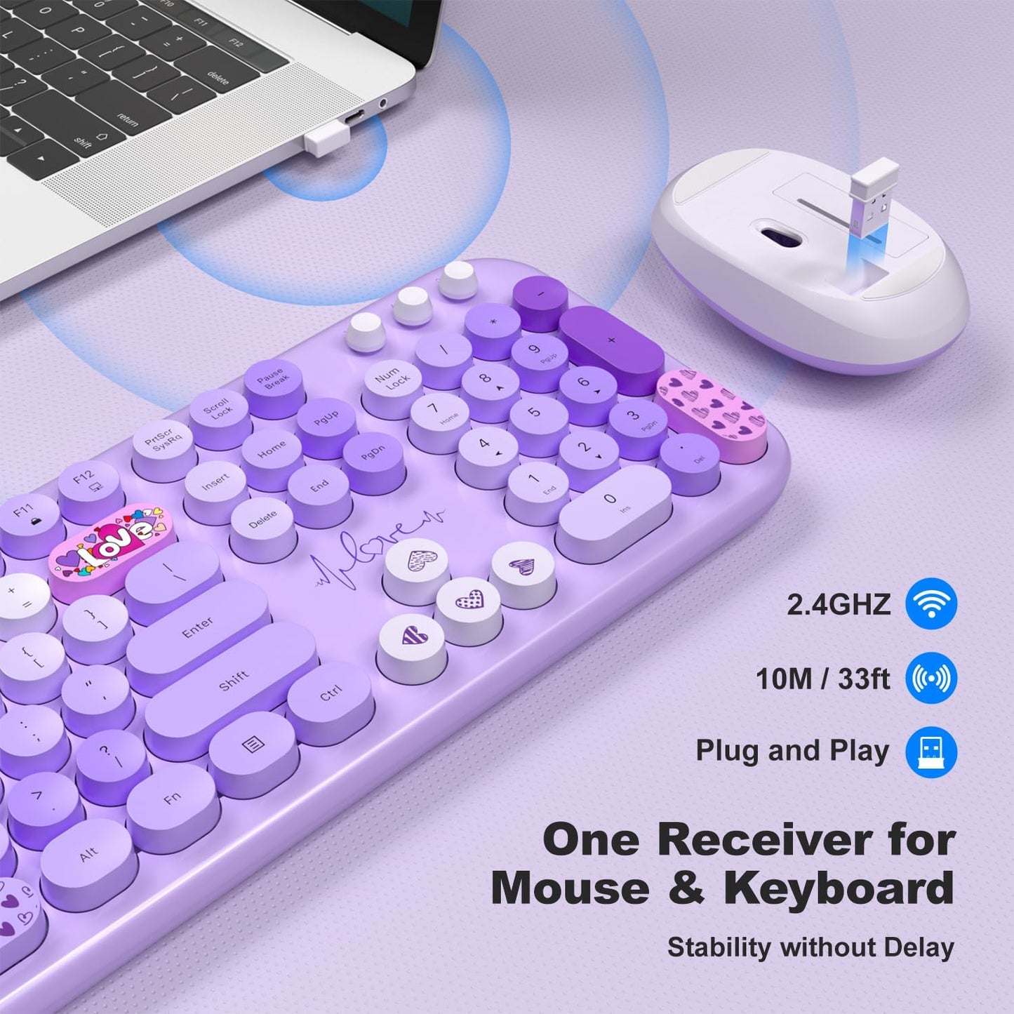 Wireless Keyboard and Mouse Combo, Full Size Retro Keyboard with Number Pad and 2 in 1 USB Connected Mouse for Windows 7/8/10, Laptop, Desktop, PC, Computer (Purple Colorful)