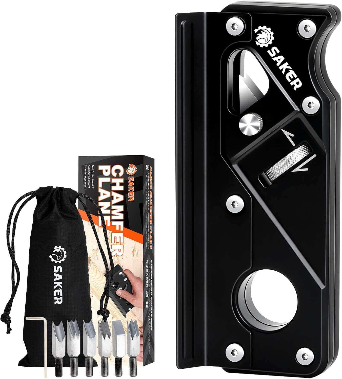 Saker Chamfer Plane-Woodworking Edge Corner Flattening Tool with Auxiliary Locator,Hand Chamfering Planer Suitable for Quick Edge Trimming of Wood (Combination upgrade-6 Cutter Heads, Black)