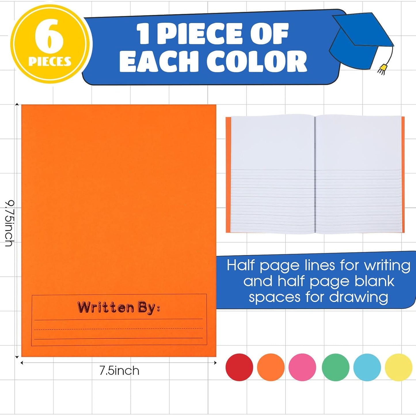 Henoyso 6 Pcs Primary Composition Notebook K-2 9 3/4 x 7 1/2 Inch Primary Journal, Back to School Supplies, Bulk Blank Writing Book for Kid to Write Draw Journal 60 Page Notebooks (Colorful)