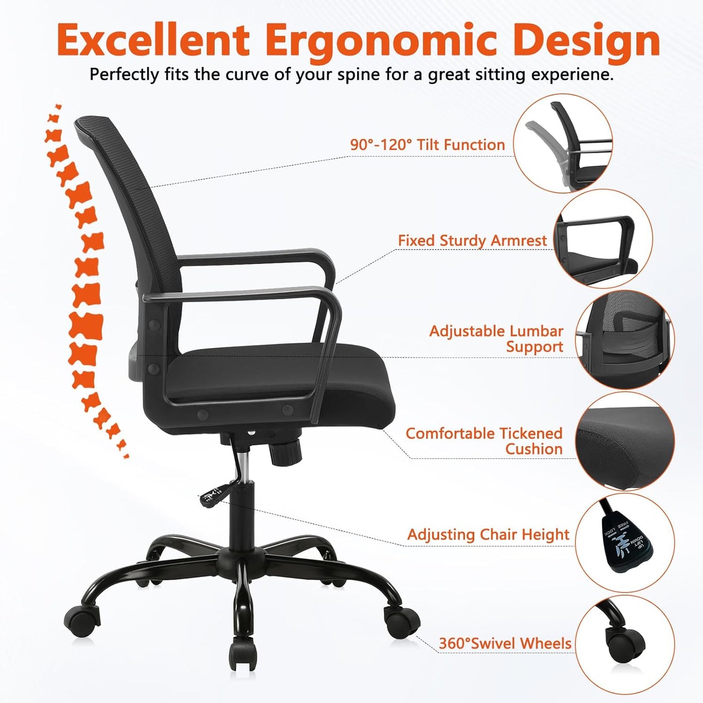 CLATINA Office Chair, Mid Back Ergonomic Desk Chairs Rolling Mesh Computer Chair with Executive Lumbar Support and Height Adjustable Design for Home Office, Black
