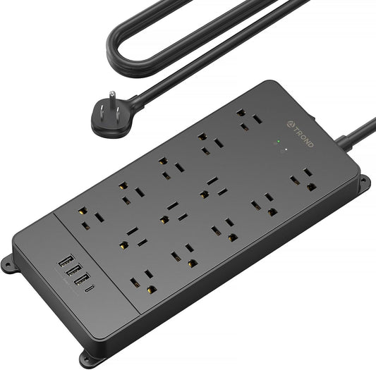 TROND Surge Protector Power Strip, 4000 Joules, ETL Listed, 13 Widely-Spaced Outlets Expansion with USB C Ports, Low-Profile Flat Plug, Wall Mountable, 5ft Extension Cord, 14AWG Heavy Duty, Black