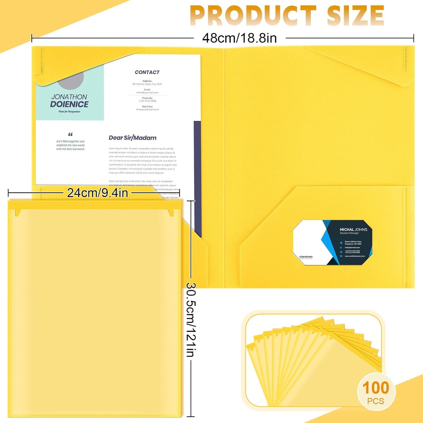 Henoyso 100 Pcs Plastic Folders with Clear Front Pockets Bulk Heavy Duty File Folders with 2 Pockets and Card Slot for Student Teacher Back to School Supplies Office Presentation (Yellow)