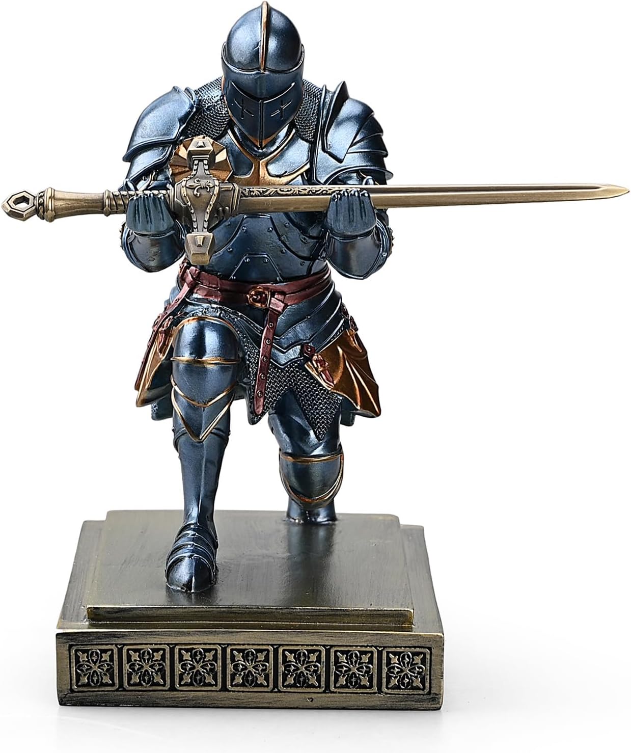 Medieval Armored Warrior Knight Pen Holder Desk Organizers and Accessories Resin Pencil Holder Paperweight as Gift with a Cool Letter Opener for Desk (Blue)