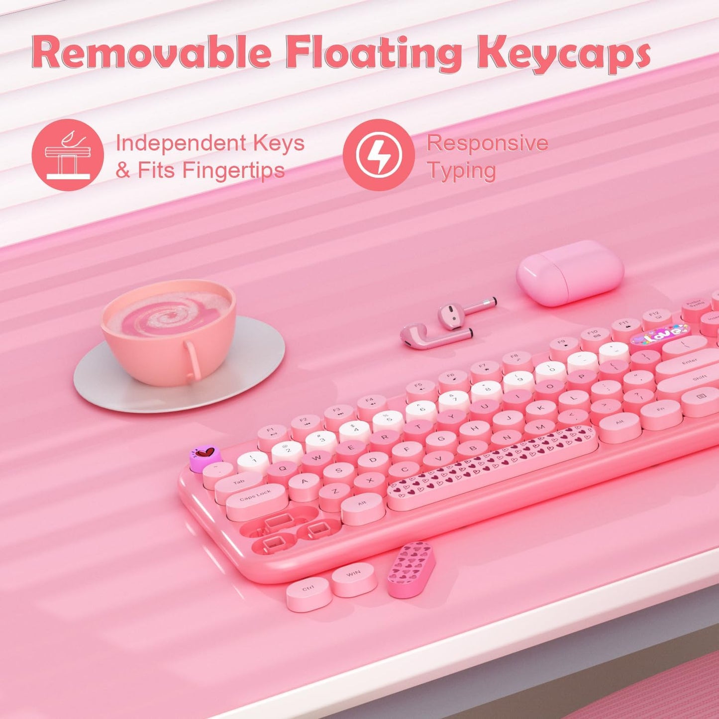 Wireless Keyboard and Mouse,MOFII 104 Round Keys Lovely Full-Size Cute Colorful Keyboard and Mouse with Retro Typewriter for PC/Mac/Laptop/Tablet/Computer/Windows Pink