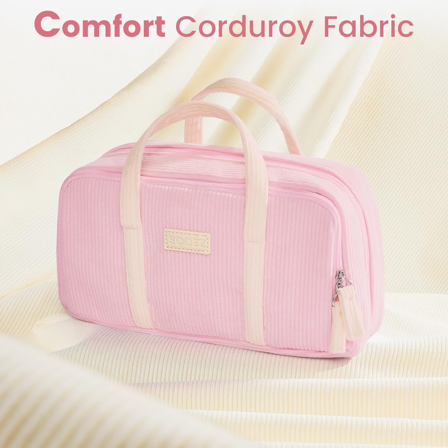 Sooez Large Pencil Case Pouch, Extra Big Pencil Bag with 5 Compartments, Pen Case Wide Opening, Soft Corduroy Pen Bag Organizer with Zipper, Cute Aesthetic School Supplies for Teen Girls, Pink