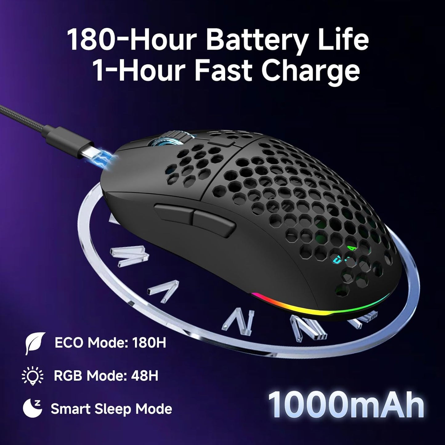 DIERYA M1 Wireless Gaming Mouse, 24000DPI, 180Hrs Battery, 16.8M RGB, 6 Programmable Buttons, Lightweight, Tri-Mode (2.4G/BT5.2/USB-C) for PC/Mac/Laptop - Black