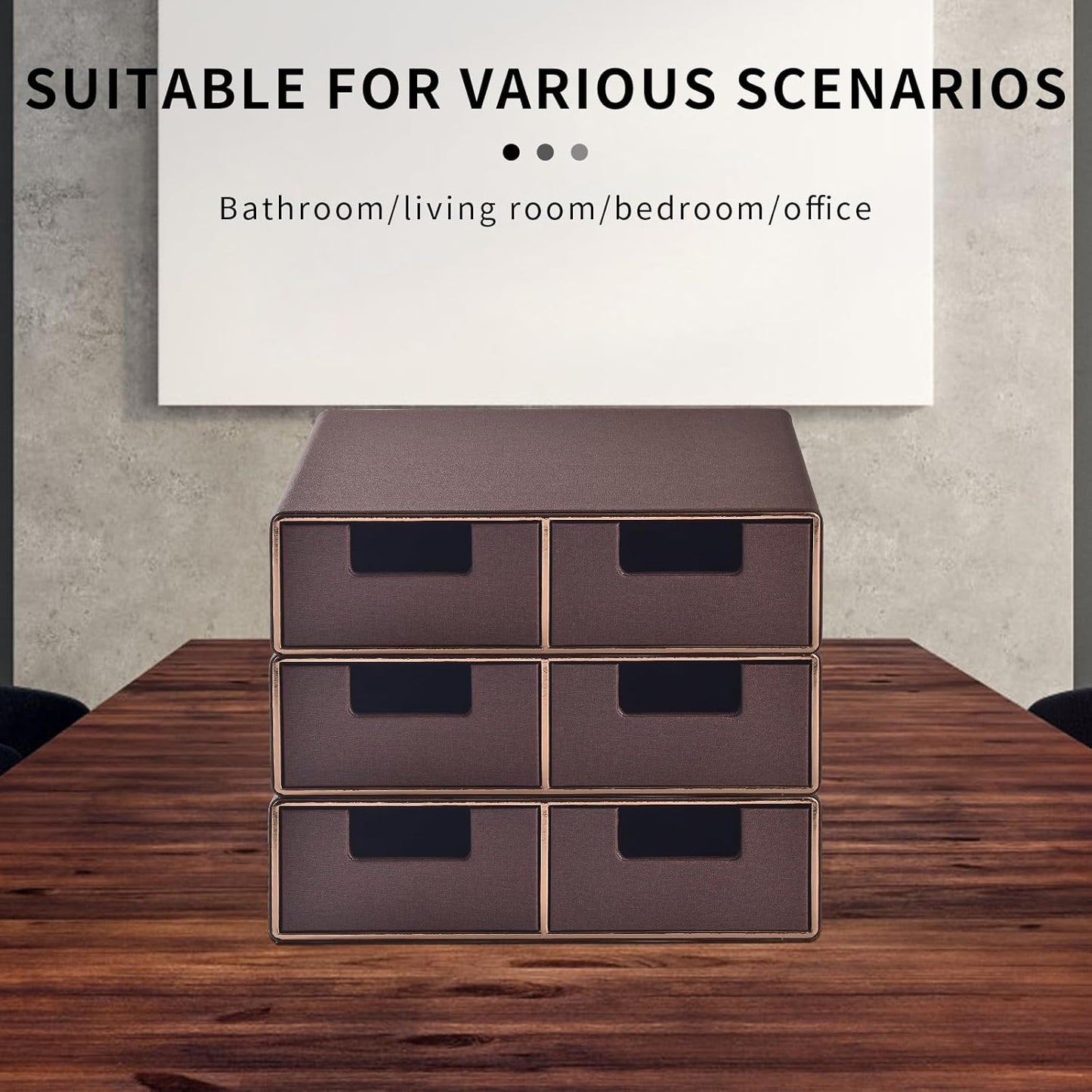 Linen Leather Desk Organizer and monitor stand with Drawers－Mini Desktop Drawer Organizer Stackable－Tabletop Organization Storage Box for Office Supplies Home Vanity Toiletries (Brown, 2-drawers)