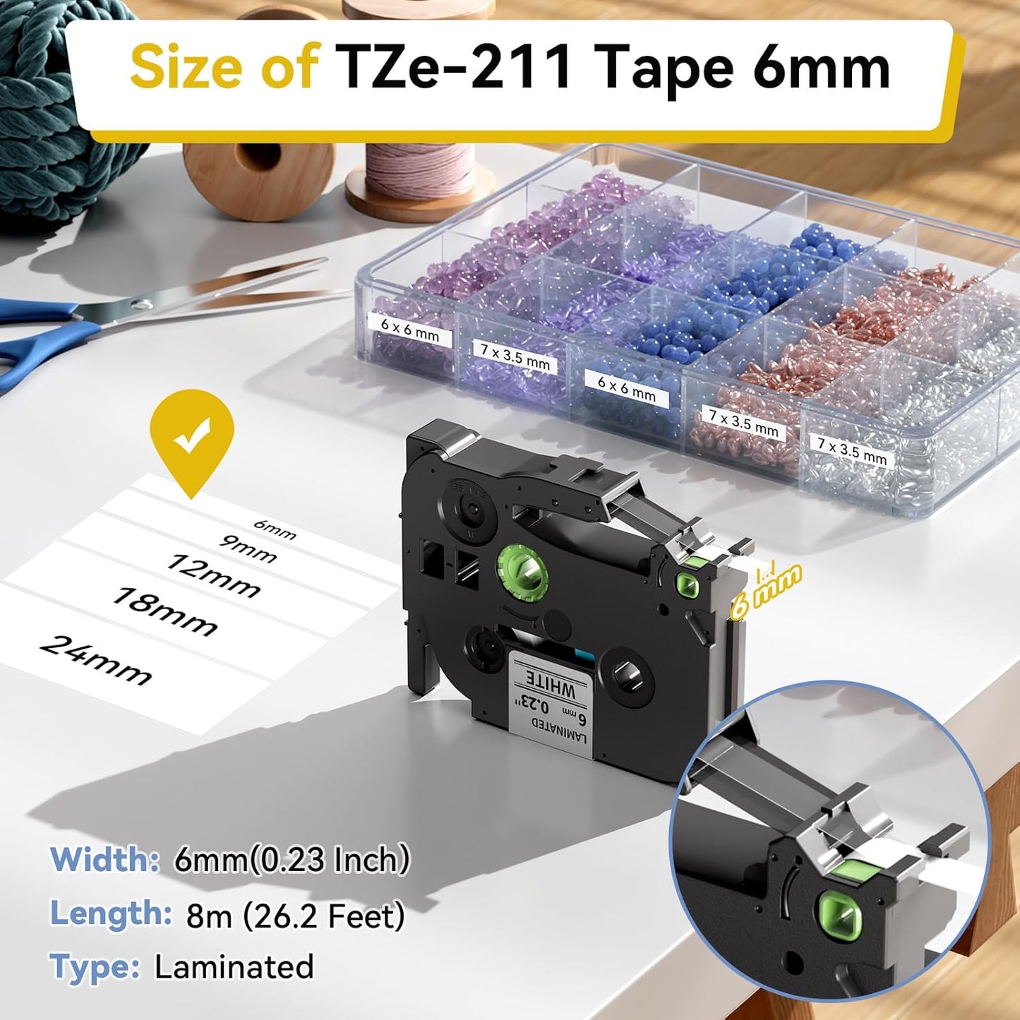 Labelife TZe-211 Label Maker Tape 6mm Compatible with Brother P Touch Label TZe TZ Tape 6mm 0.23 Laminated White 1/4 Inch TZe211 for Ptouch PTD210 PTD220 PTH110 PTD400 PTD600, 5-Pack