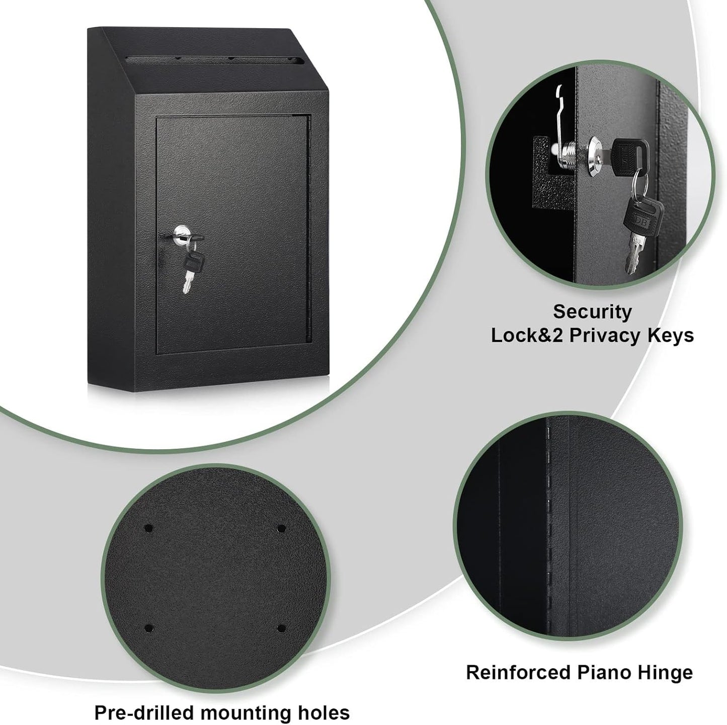 xydled Wall-Mount Mailbox,Heavy Duty Deposit Drop Box, Locking Metal Key Drop Box Suggestion Box with Key Lock,Secured Safe Storage Box Postbox for Home&Business Use,15x12x4 Inch,Black