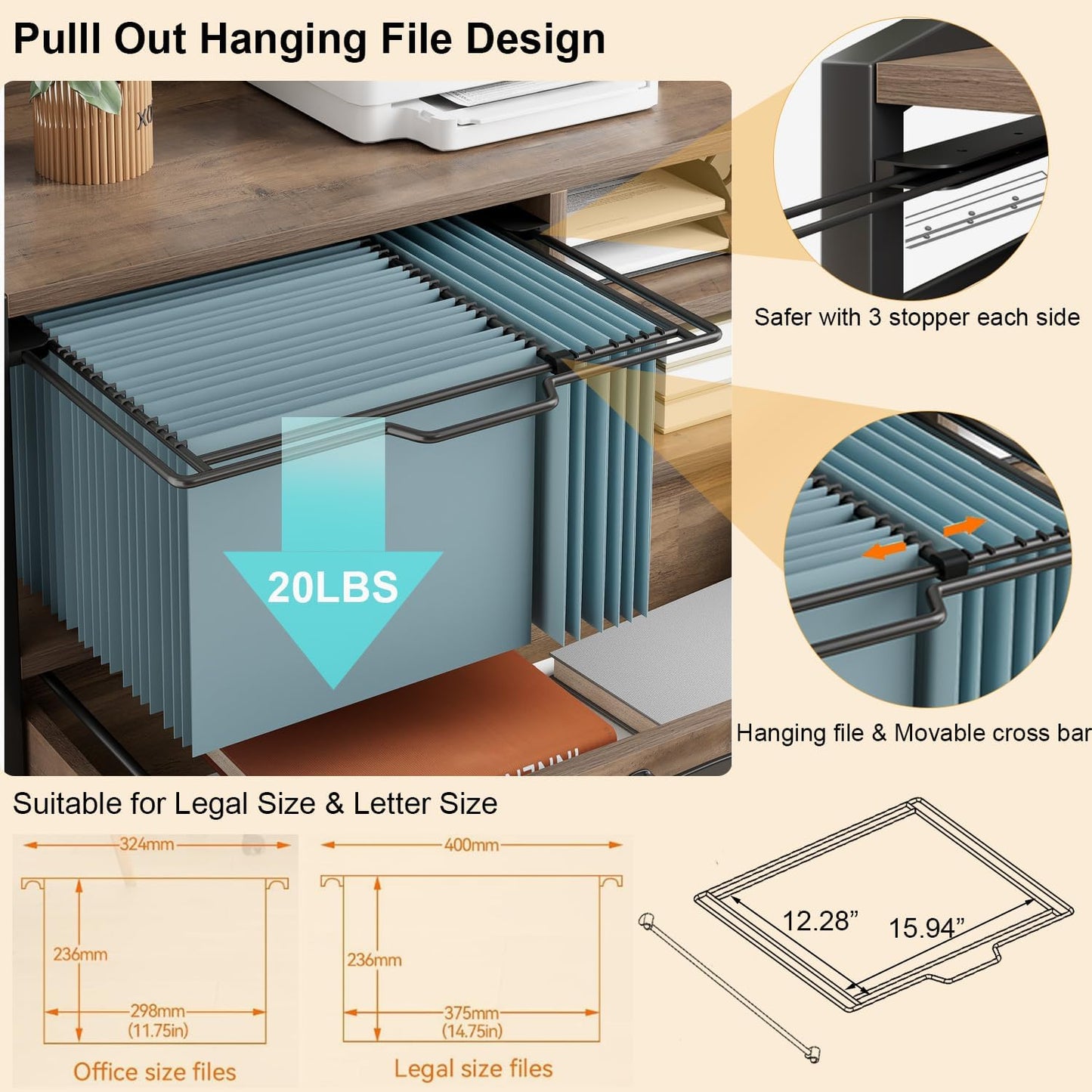 HSH Mobile Lateral File Cabinet with Drawer, Rolling Filing Cabinet for LegalLetter Size, Printer Stand with Storage Shelf, Lockable Wheels, Hanging File Organizer for Home Office, Rustic Oak, 33Inch