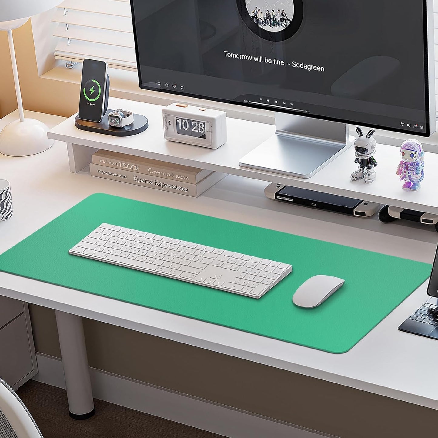 Boutilon Leather Desk Pad Protector,Non-Slip Mouse Pad,Laptop Desk Pad,Office Mouse Mat,Waterproof Leather Desk Blotter,Desk Writing Pad for Office and Home (M-Light Green,30"x14")