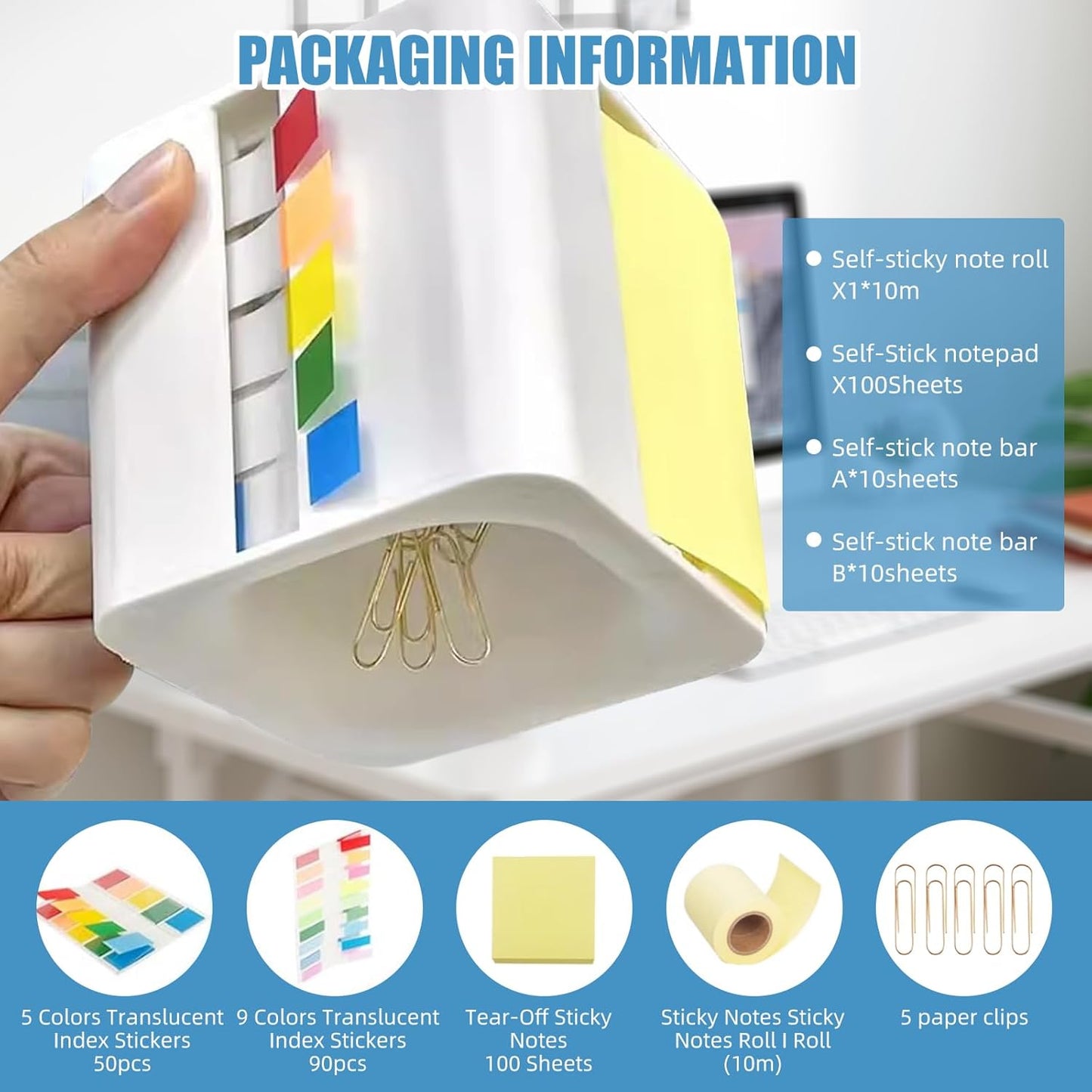 5-in-1 Sticky Note Holder and Dispenser with Magnetic Paper Clip Holder, 3x3 Pop-Up Note and Annotation Labels, Full Adhesive Note Roll Desktop Organizer for Office, Study Room (Brown)