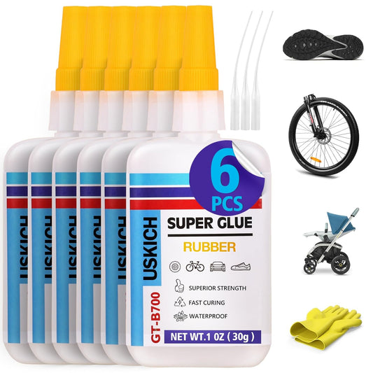 Super Glue for Rubber with Anti Clog Cap. 6 x 1 fl oz,CA Glue - Waterproof Clear Glue Cyanoacrylate Glues for RC Tires, Seals, Gaskets, Soles, Hose, Mat & Neoprene, Automotive Parts Repair, Quick Dry