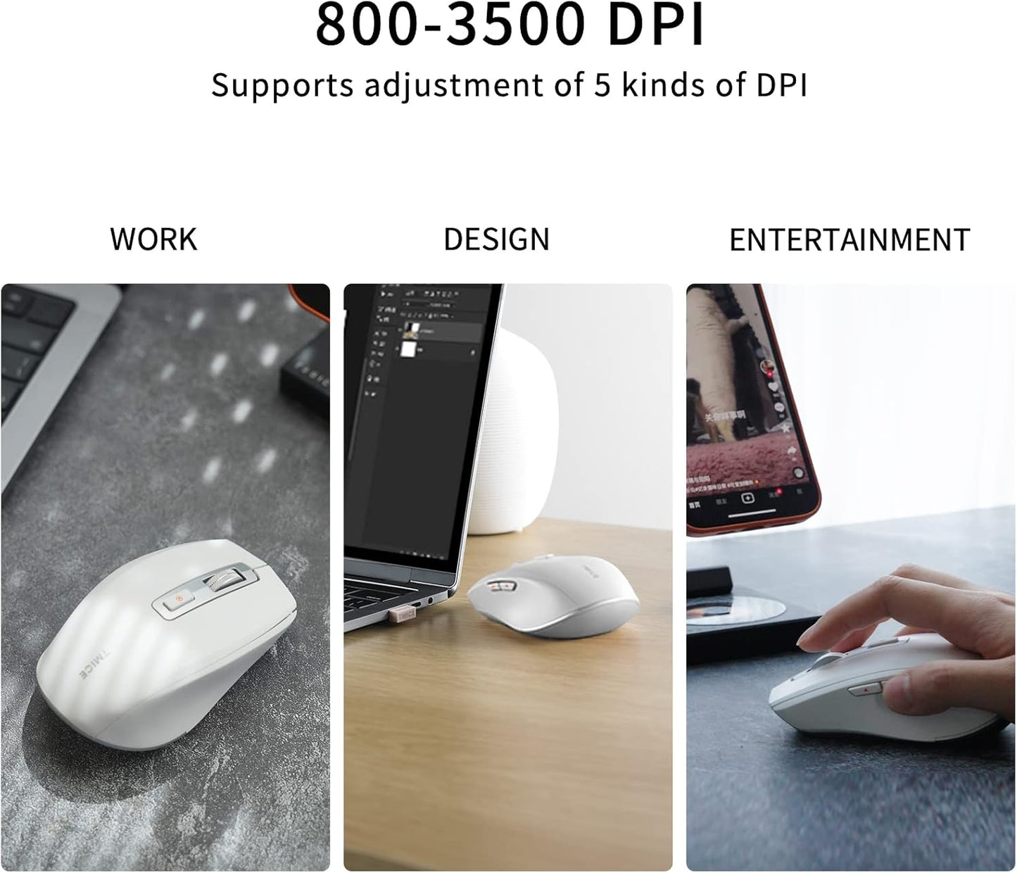 TMICE Wireless Bluetooth Mouse, Dual-Mode, 500mAh Battery, 5 DPI Adjustment, 10M Working Distance, White