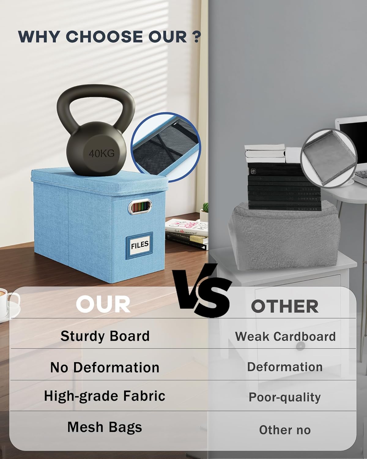 Oterri File Organizer Box with Lid, Hanging Filing File Box with Mesh Pocket, Document Organizer Box for Letter Files, Portable Storage Box with Smooth Sliding Rail for Office&Home (2 PCS, Sky-blue)