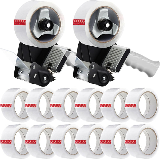 2 Pack Packing Tape Dispenser Gun with 12 Roll Packing Tape 2 Inch Gun 2.7 Mil Heavy Duty Packaging for Shipping, Moving, Carton and Box Sealing(Black)