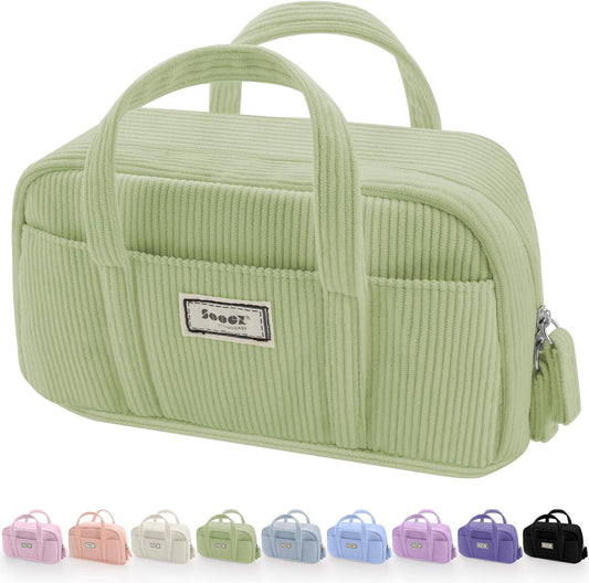 Sooez Large Pencil Case Pouch, Extra Big Pencil Bag with 5 Compartments, Pen Bag Wide Opening, Soft Corduroy Pen Pouch Organizer with Zipper, Cute Aesthetic School Supplies for Teen Girls-Green