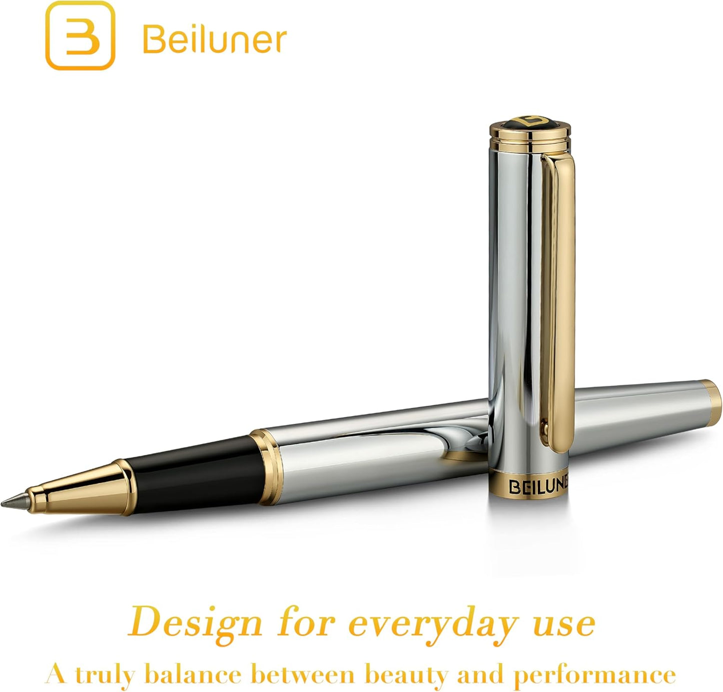 BEILUNER Luxury Rollerball Pen, Stunning Silver Chrome with 24K Gold Finish,Noble and Elegant Designs,Schneider Ink Refill, Best Gift Pen for Men & Women, Professional, Executive Office, Fancy Pens
