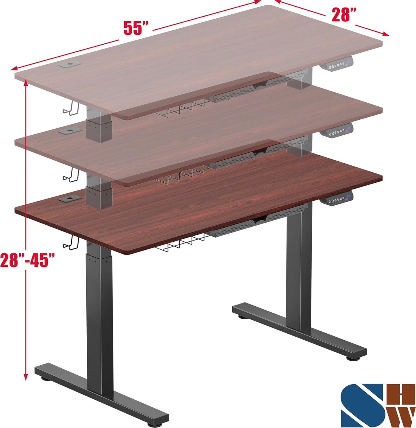SHW 55 x 28 Inches Electric Height Adjustable Standing Desk with Drawer and Memory Preset, Cherry