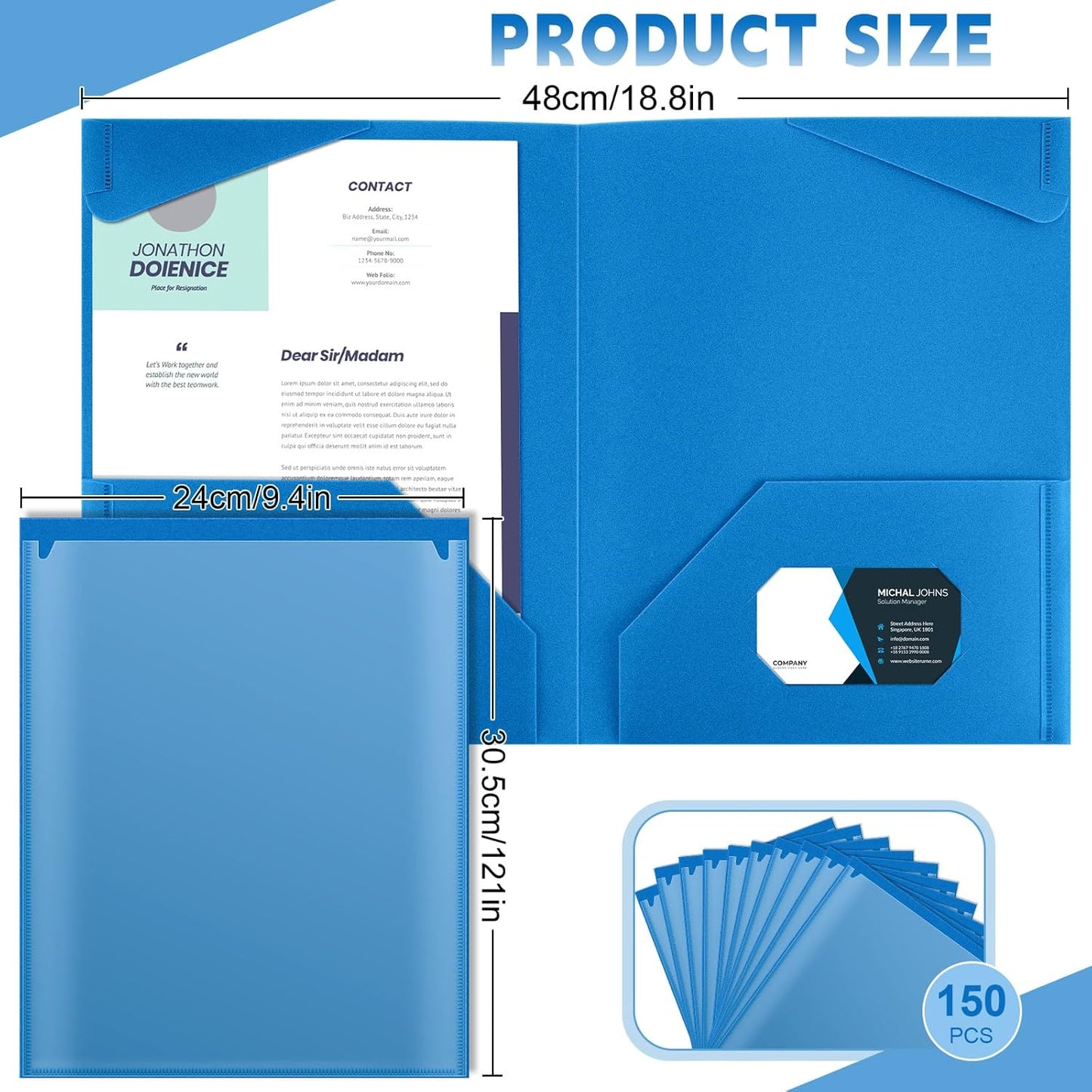 Henoyso 150 Pcs Plastic Folders with Clear Front Pockets Bulk Heavy Duty File Folders with 2 Pockets and Card Slot for Student Teacher Back to School Supplies Office Presentation (Blue)