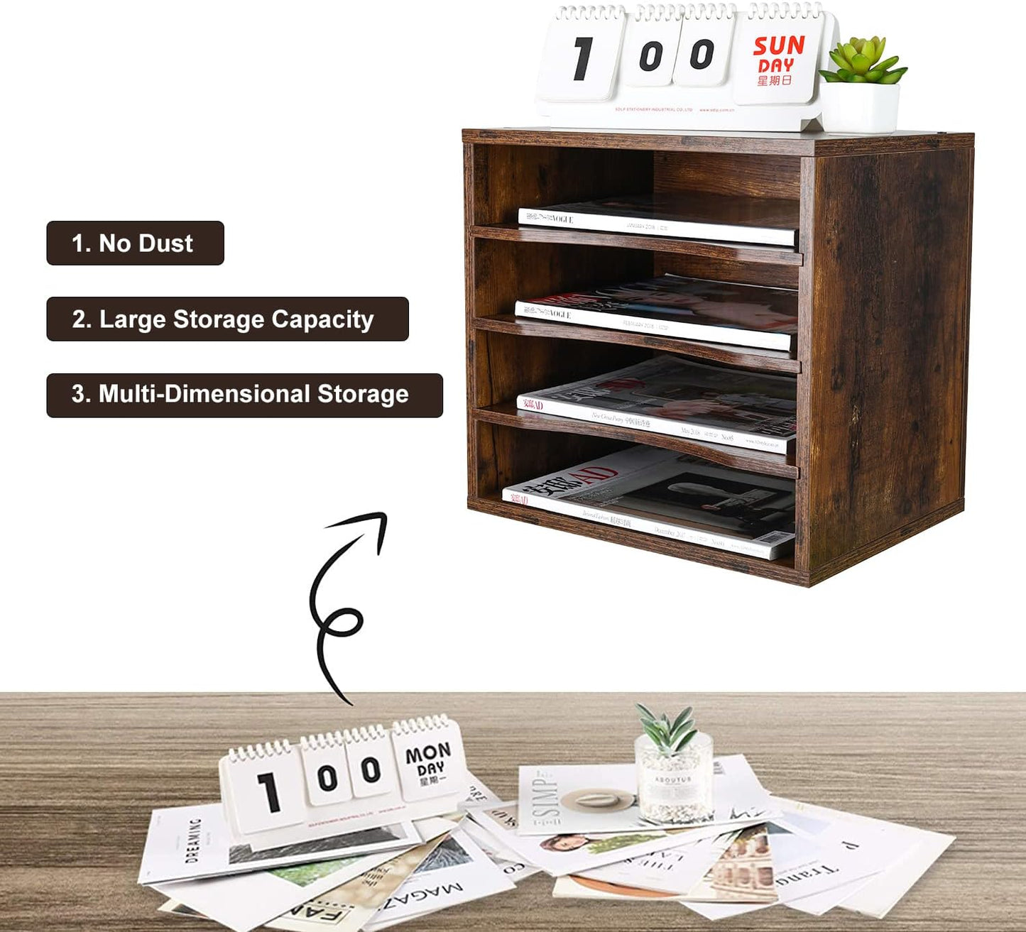 PAG Mail Sorter, Wood Countertop Literature Organizer, Office Supplies Desktop File Bill Paper Organizer for Home School, 4 Compartments, Antique Brown