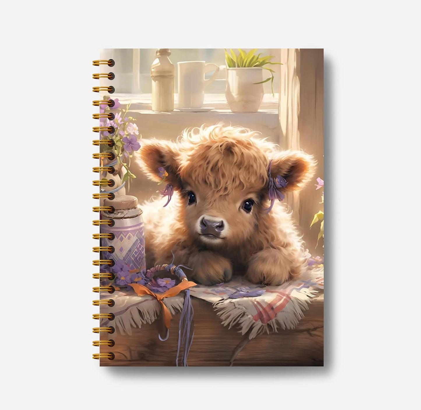 Floral Highland Cow Notebook - Western Cow Notebook, Highland Cow Office Supplies, Highland Cow Gifts, Cow Lover Gifts, Cute Cow Stuff, Cute Highland Cow with Lavender Spiral Notebook 5.5x8.3