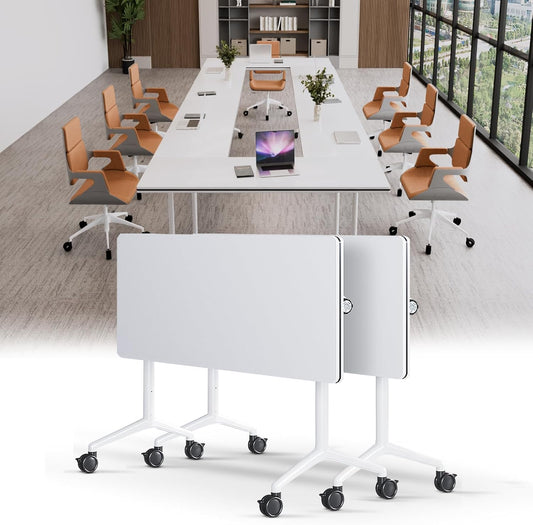Conference Table, Folding Conference Tables for 2-20 People, Modern Conference Room Table with Wheels, Super Sturdy Large Rectangle Mobile Meeting Seminar Tables for Office (2PCS 61.0in)