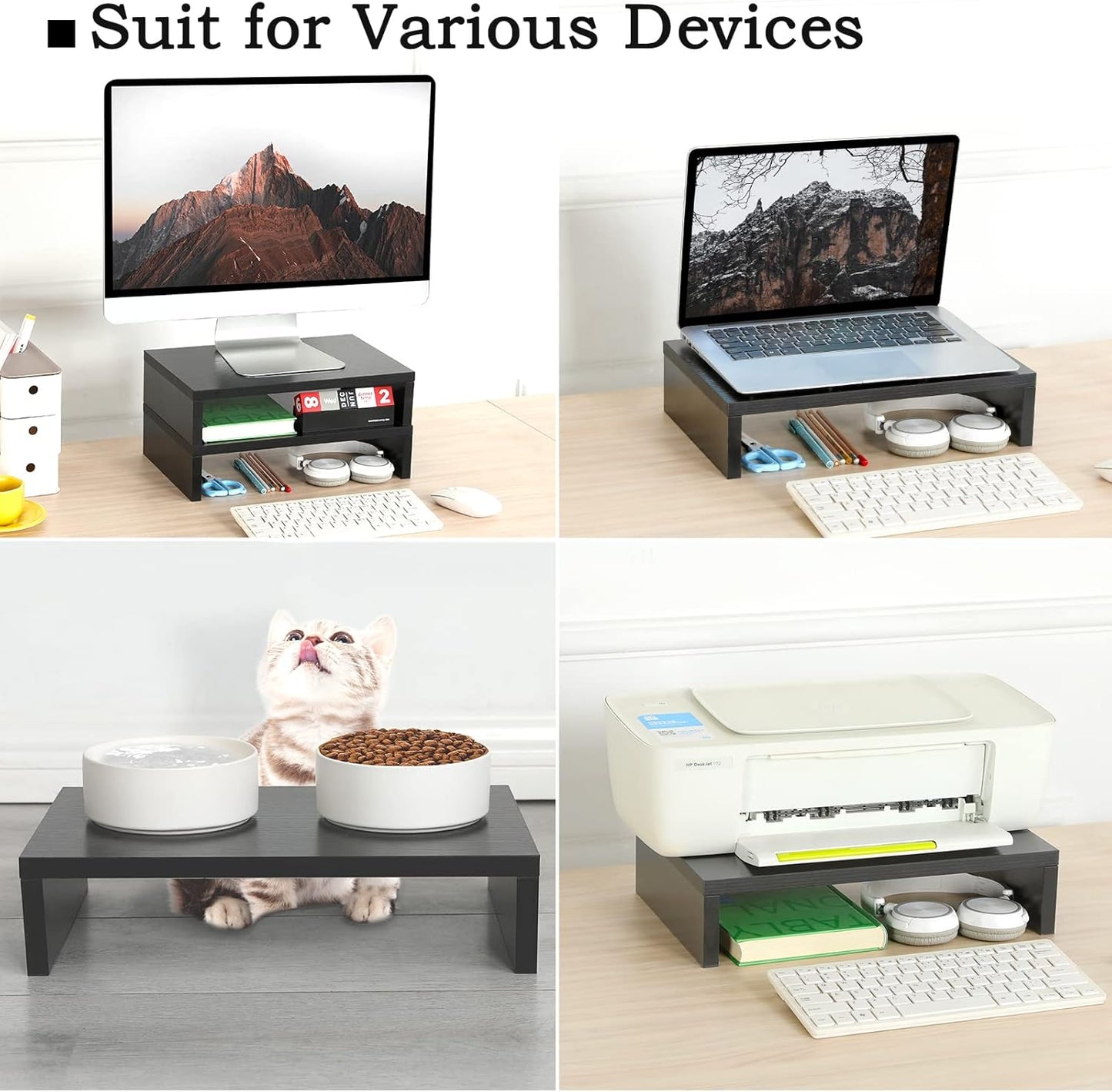 TEAMIX Wood Monitor Stand Riser-2 Pack, 2 Tier Adjustable Monitor Stand Dual Monitor Riser for 2 Monitors/Laptop/PC Black Computer Stand for Desk