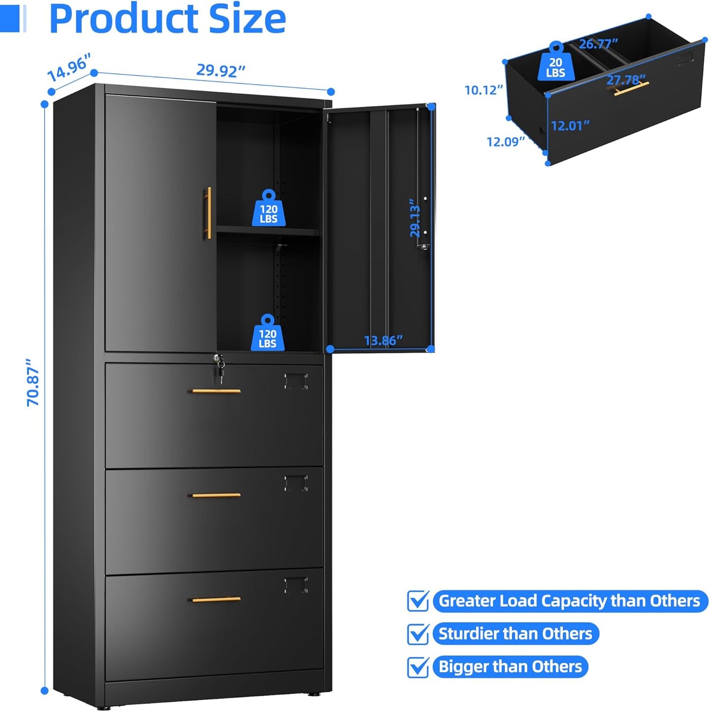 3 Drawer Lateral File Cabinet with Lock, Metal Filing Storage Cabinet with Locking Doors and Adjustable Shelf for Home, Office, School, Fits A4/Letter/Legal Size Folders, Assembly Required