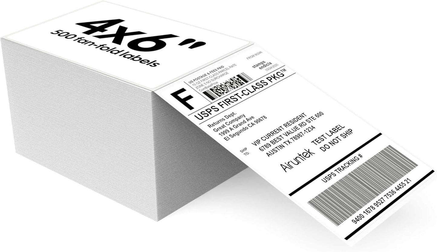 4x6 Thermal Labels, 500 Fanfold Labels, Perforated & Strong Adhesive, Compatible with Direct Thermal Printers for USPS UPS FedEx DHL Address Shipping Label