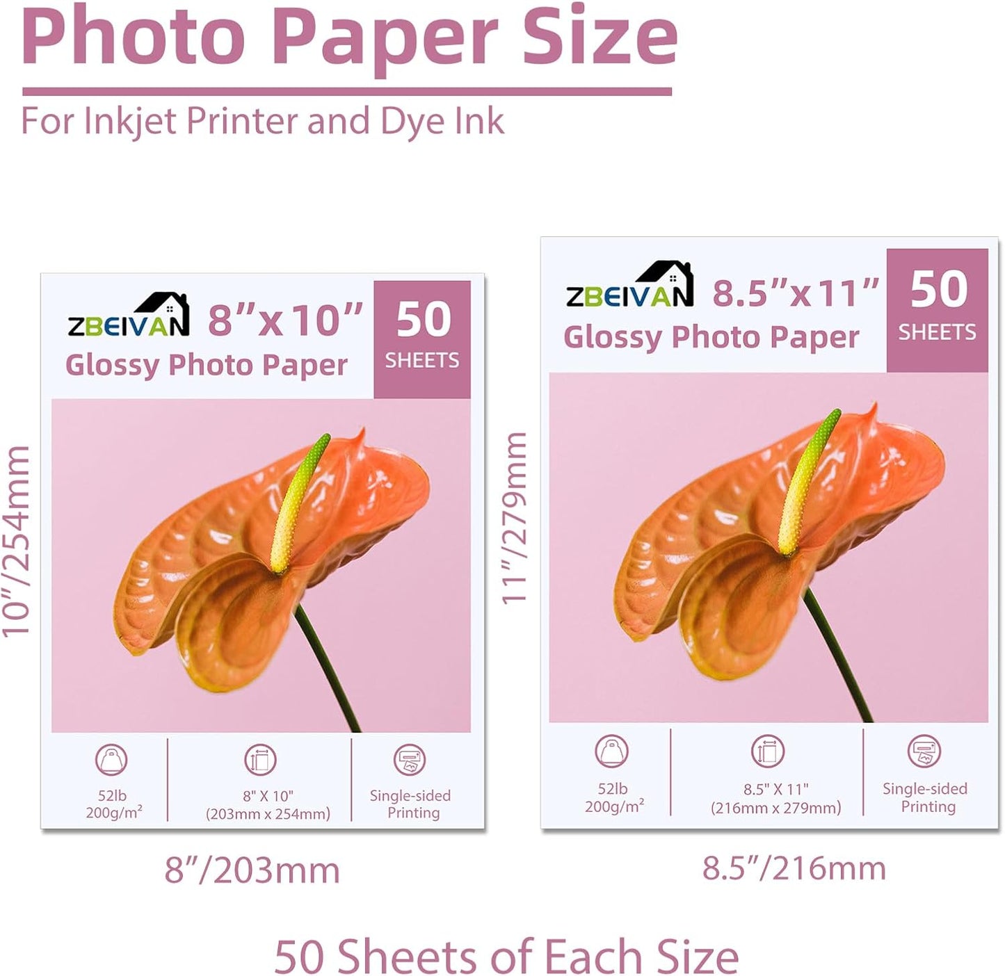 ZBEIVAN Photo Paper 8x10, 8.5x11 inch, Glossy Photo Papers 100 Sheets, 200 GSM Paper for Printer (50 Sheets of each size 8x10, 8.5x11)