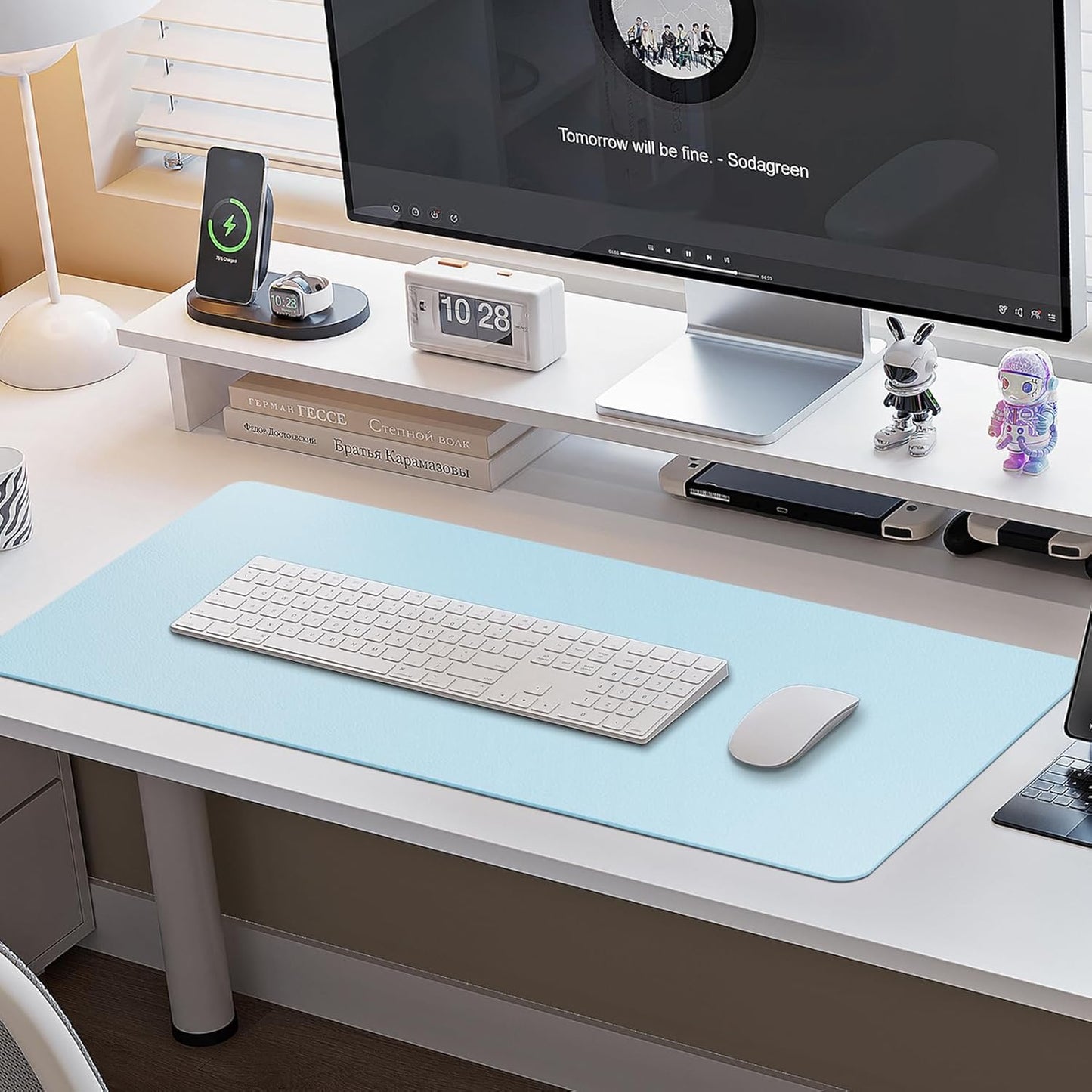 Boutilon Leather Desk Pad Protector,Non-Slip Mouse Pad,Laptop Desk Pad,Office Mouse Mat,Waterproof Leather Desk Blotter,Desk Writing Pad for Office and Home (L-Light Blue,35"x 17")