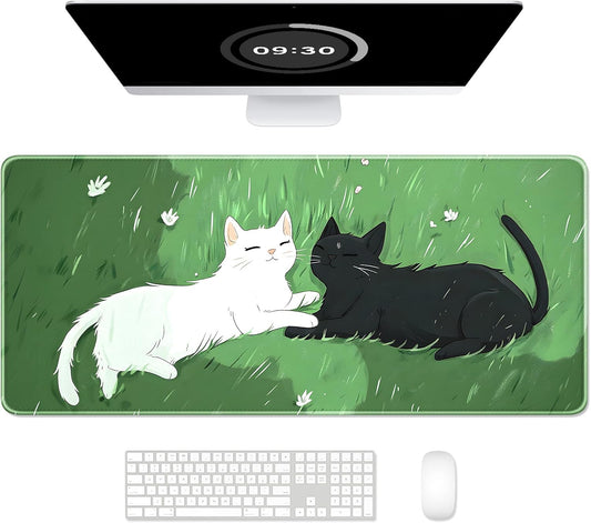 Auhoahsil Large Gaming Mouse Pad, Cute Cat Theme XXL 35.4 x 15.7 in Desk Pad Stitched Non-Slip Rubber Long Computer Mousepad Thin Extended Full Size Desk Mat for Desktop Laptop Wireless Mice, Green