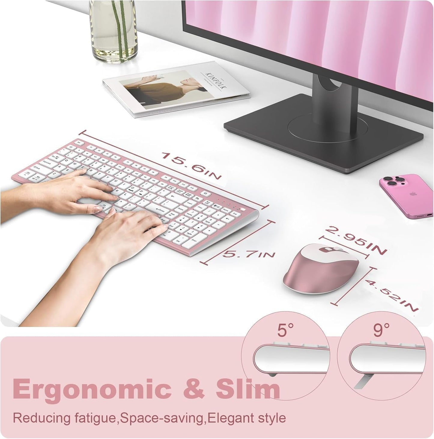 FENIFOX Wireless Keyboard and Mouse, Ergonomic Rechargeable Silent Quiet Slim Compact Full-Size USB C with Number Pad Flat Soft Cover for PC Computer Laptop Mac MacBook iMac Windows - Pink Rose Gold