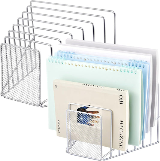 2 Pcs 7 Slot Incline File Sorter Metal Wire Mesh File Racks for Desktop Letter Sorter for Magazine Folder Book Organizer Home Office School Paper Mail Desk Storage Holder (Silver)